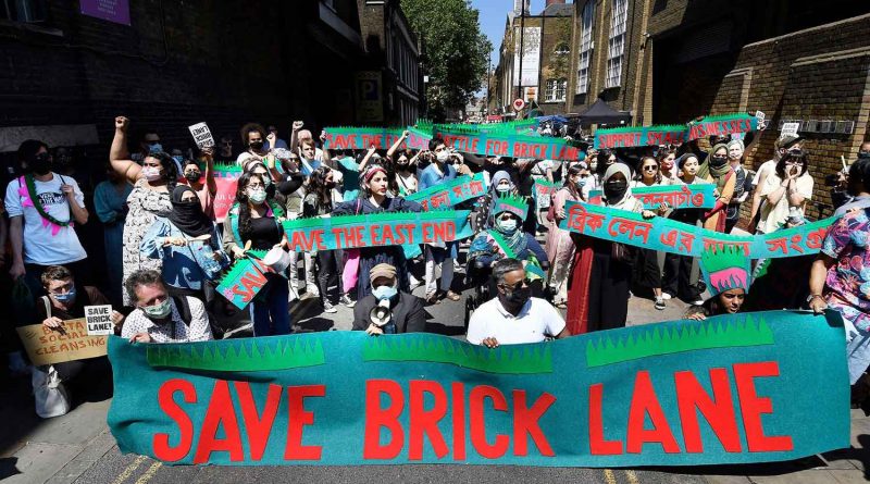 Campaigners from the Save Brick Lane demonstation under the Truman Brewery.