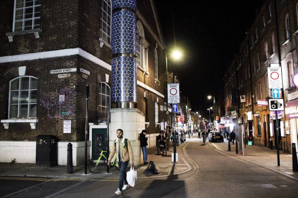 A view of the Brick Lane Jamme Masjid and the curry houses on Banglatown, Brick Lane.