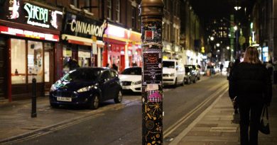 The Banglatown decorated lamp post in focus with the curry houses blurred behind it.