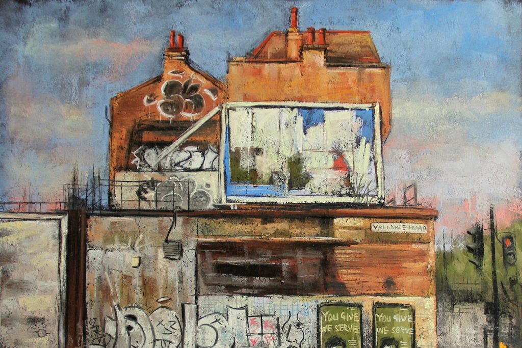 A painting of the corner of Vallance Road, covered in graffiti and ads, Whitechapel.