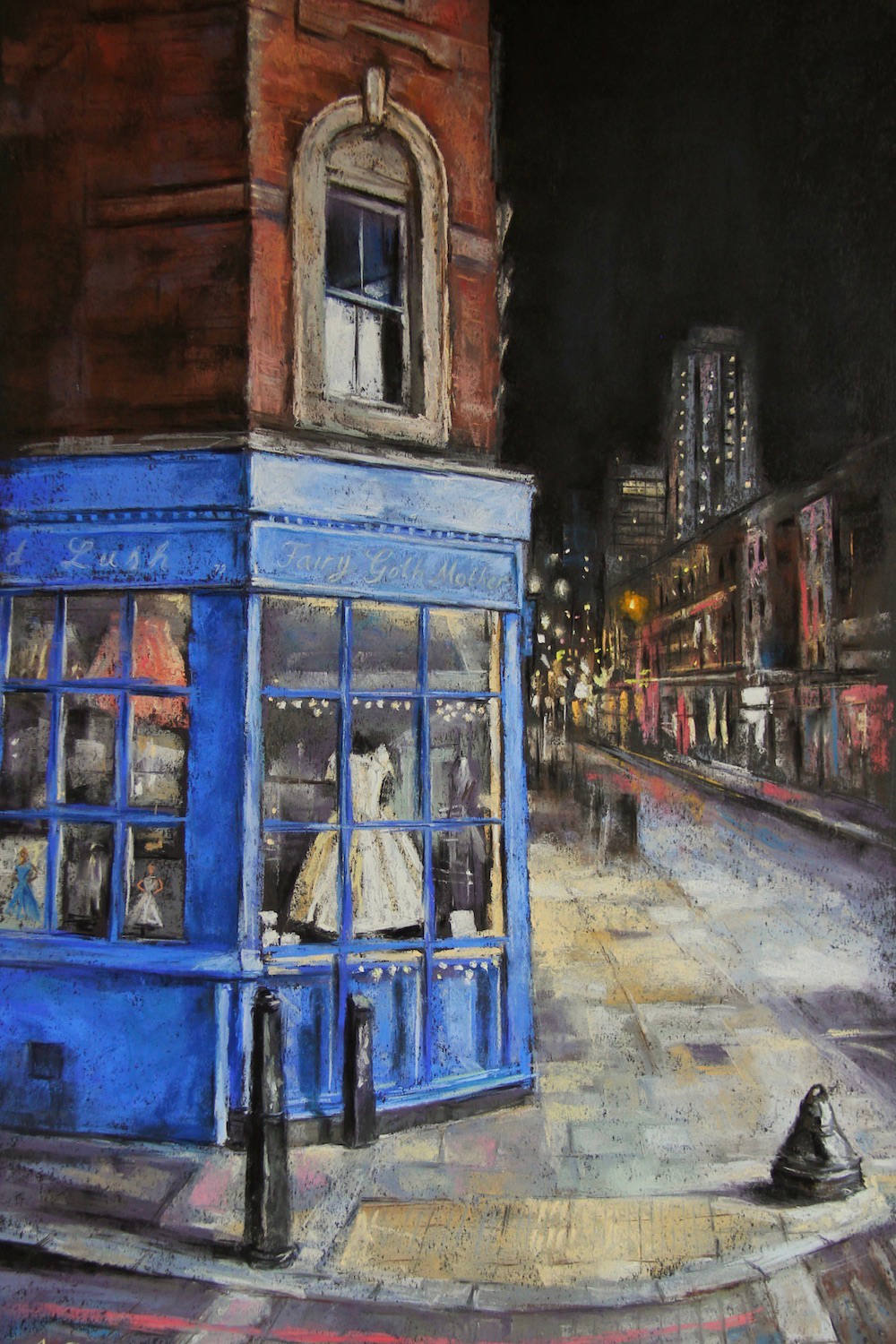 A painting of the corner of Fashion Street, where old storefront Fair Goth Mother used to be, Whitechapel.
