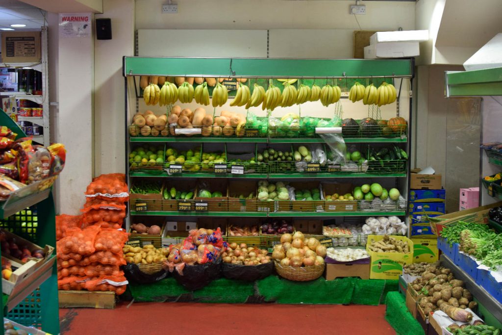 The fruit and vegetable section of Taj Stores, Brick Lane, East London.