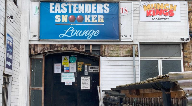 The entrance of Eastenders Snooker Lounge in a yard just off Mile End Road in Whitechapel.