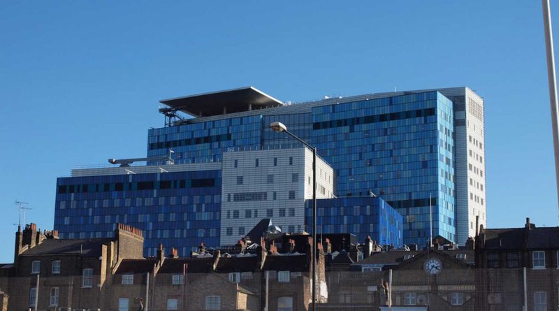 View of Royal London Hospital new building in Whitechapel from behind.