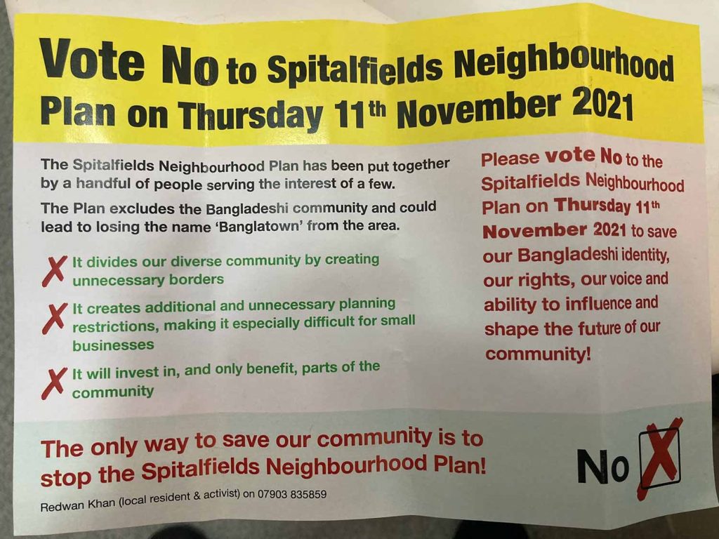 Leaflet of the Vote No campaign of the Spitalfields Neighbourhood Plan referundum in 2021.