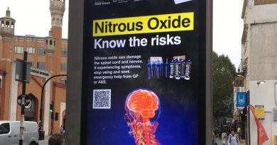 A billboard outside Whitechapel Mosque explaining the risks of using nitrous oxide as a drug.