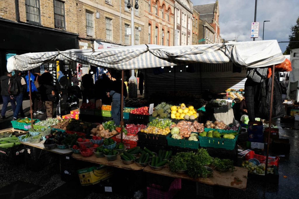 A fruit and veg stall in Whitechapel Market.