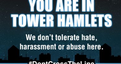 A poster from the 'Don't Cross The Line' campaign against sexual harassment in Tower Hamlets. The poster readers 'You are in Tower Hamlets: We don't tolerate hate, harassment or abuse here.'