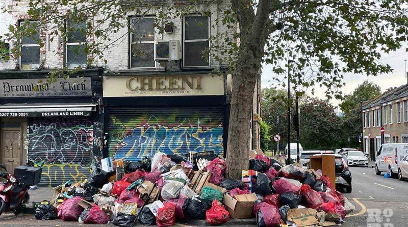 Piles of uncollected rubbish on Bethnal Green high street, during the Tower Hamlets refuse worker strikes in September 2023.