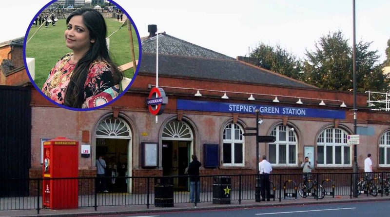 Sabina Akhtar inset in a photo of Stepney Green tube station.